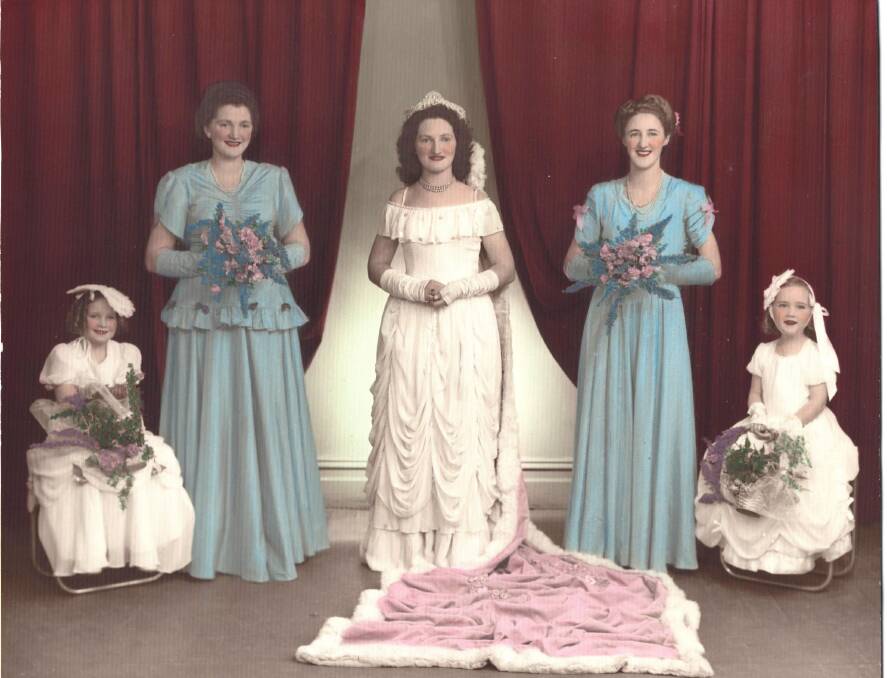 QUEEN OF MARKETS: Miss Faith Fulford with ladies-in-waiting Mrs Verna Ellis and Miss Valerie Fulford and flower girls Janice Lacey and Mary Toole in 1948.