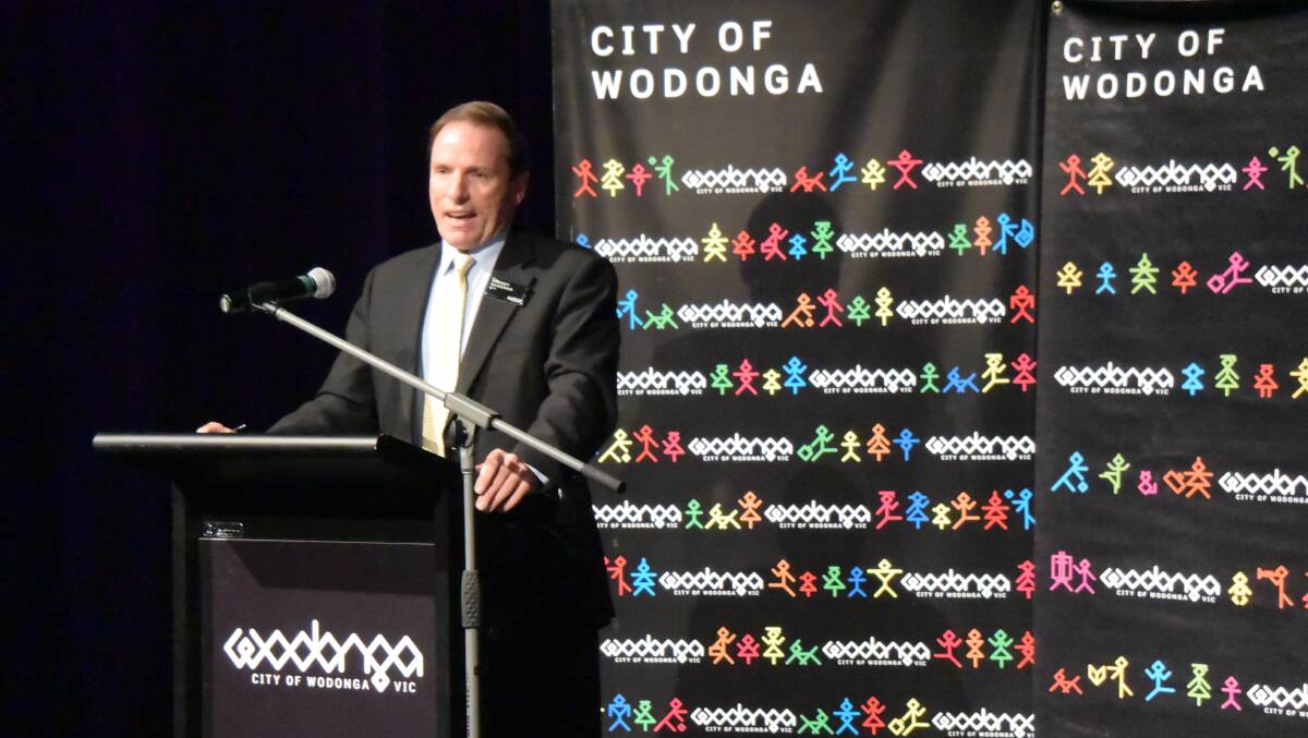 ON THE ATTACK: Wodonga mayor Rod Wangman at the Spirit of Anzac centenary experience launch at The Cube on Friday.
