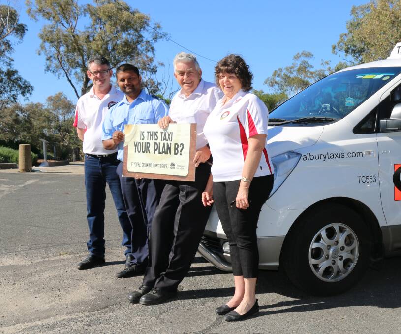 TAKE RESPONSIBILITY: Dial-A-Driver’s Greg McTigue, taxi driver Rehman Abbasi, mayor Henk van de Ven and Dial-A-Driver’s Jenny Locke at launch of arrive home safely.