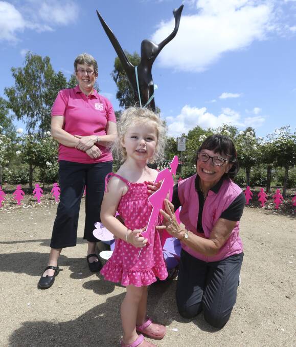 CELEBRATION TIME:  Breast cancer support group's Heather Knott, Brave Hearts on the Murray president Jenny Black and her granddaughter Maddie Black at Belvoir Park. Picture: ELENOR TEDENBORG