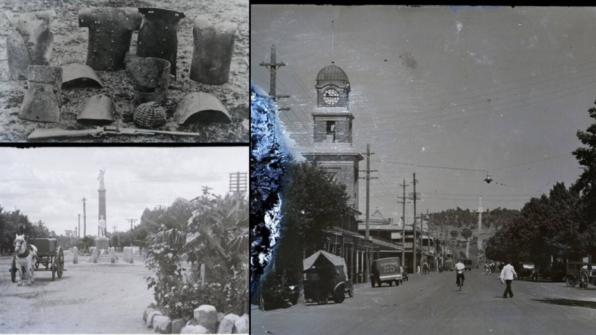 UP FOR GRABS: An image of Ned and Dan Kelly's armour taken in Beechworth in 1880. Yarrawonga's War Memorial on Belmore Street. Albury's Dean Street. Picture: SUPPLIED