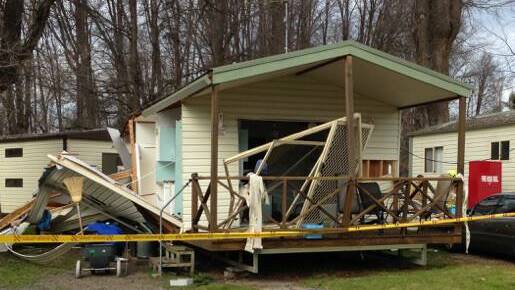 Flicking a light switch caused a cabin to explode at a Tumut caravan park on Monday morning. A woman remains in hospital. Picture: Tumut and Adelong Times