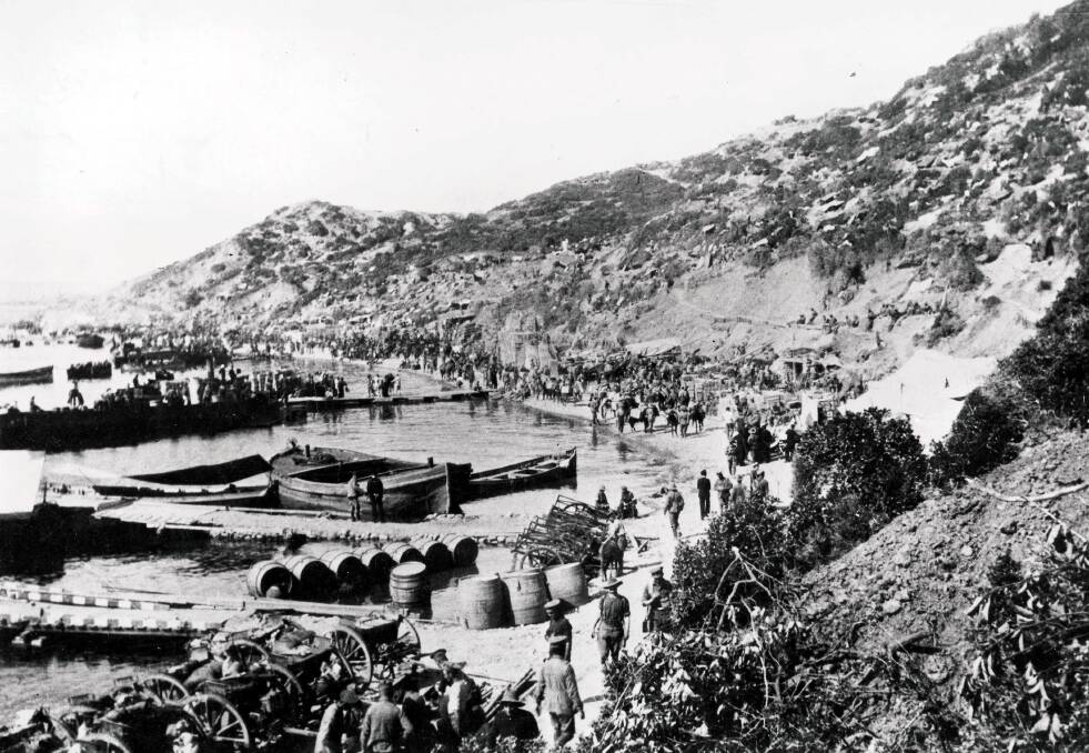 Australian and New Zealand army members landing on the beach at Anzac Cove during the invasion of Gallipoli, World War I, 1915. 
Picture: Popperfoto/Getty Images