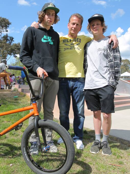 SUPPORT: Max Seaton, Lee Botting and Harry McKoy at a competition at the James Scott Memorial Skate Park in Wodonga on Sunday. Picture: BLAIR THOMSON