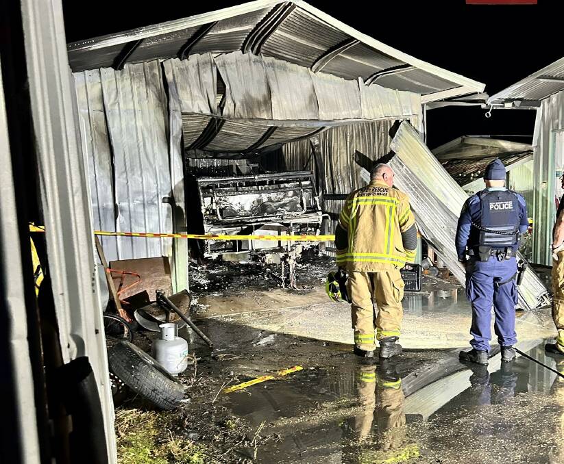 Emergency crews at the Cadell Street shed and caravan fire on Monday night. Picture by Fire and Rescue NSW