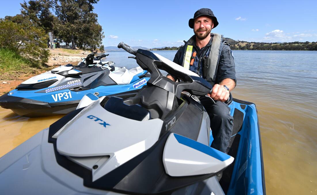 Senior Constable Jake Cooper of the Water Police during the weekend's operation at Lake Hume. There were 50 infringements detected by various agencies during the two-day safety blitz. Pictures by Mark Jesser