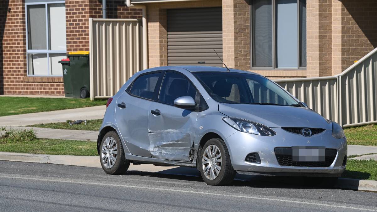 A damaged car on Joyce Way in Wangaratta on Tuesday. Picture by Mark Jesser