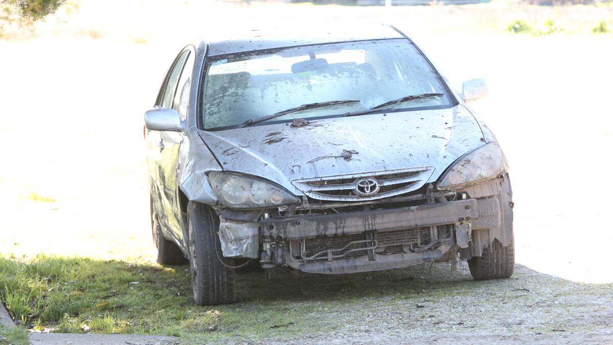Dylan Fuzzard is accused of ramming this silver Toyota rental car at Barnawartha on Sunday afternoon, causing it to skid out and crash.