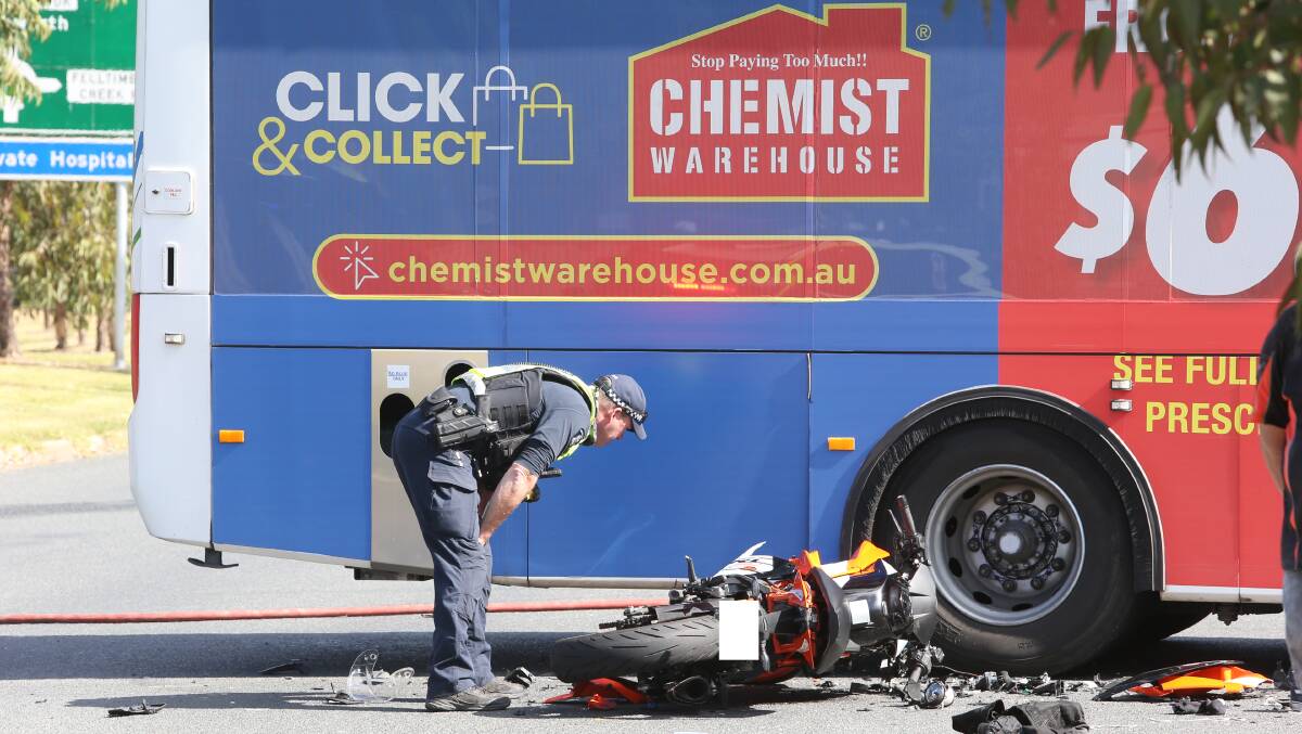 Police believe speed was a factor in this crash between a motorbike and bus in Wodonga on Friday last week. File photo