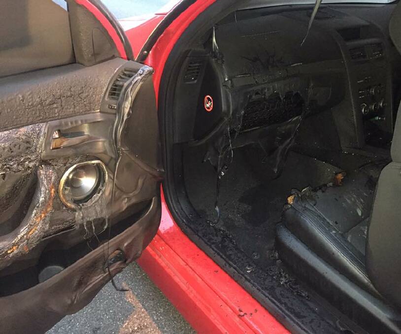 DAMAGE: The fire burnt the car's dash, seat and interior door panels leaving a significant damage bill to the Holden utility. A portable fridge started the blaze. 