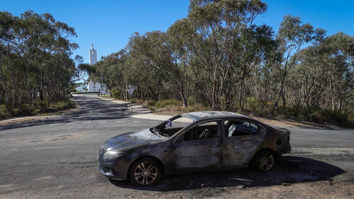 The vehicle torched near the Albury monument. Picture by James Wiltshire