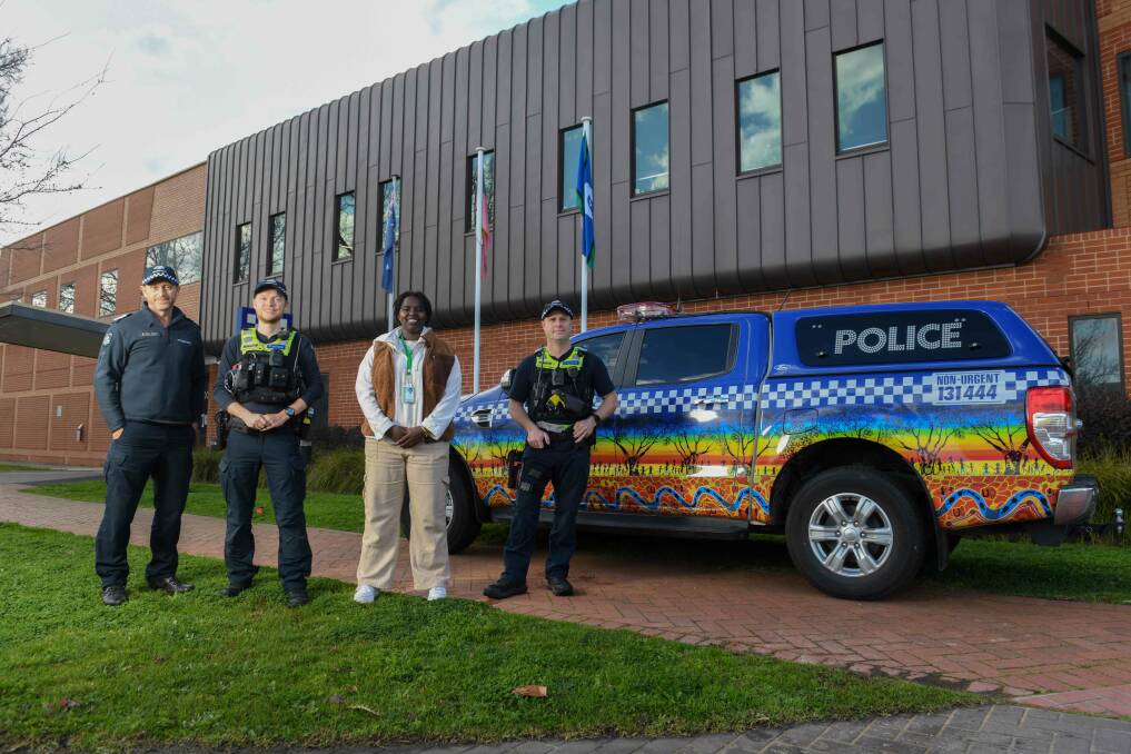 Senior Sergeant Shane Martin, First Constable Richard Erskine, placement student Immacualye Nyasukari and Senior Constable Adam Presutti at the Wodonga station ahead of Wednesday's career night. Picture by Tara Trewhella