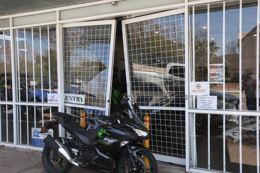 Entry was forced to Whitehouse Motorcycles on Albury's Young Street on Wednesday morning. Picture by Blair Thomson