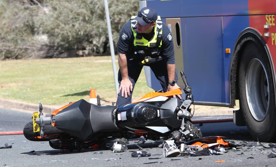 Police believe speed was a factor in this crash between a motorbike and bus in Wodonga on Friday last week. File photo