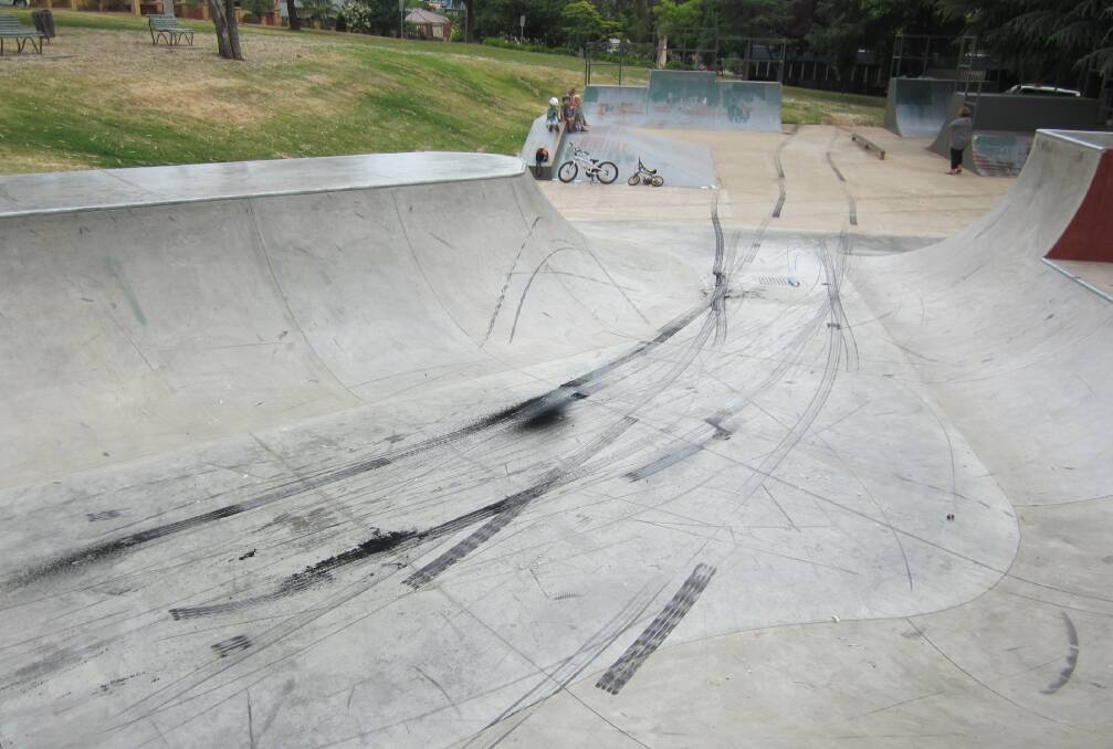 BURNOUTS: Tyre marks left at the skate park. 