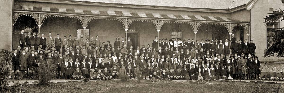 BEGINNINGS: Two hundred pupils assemble on the first day of Albury High School, February 2, 1920, in the old Albury Hospital building, Thurgoona Street.