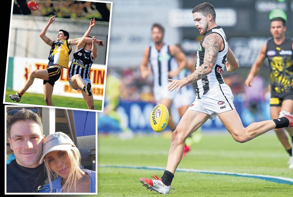 Collingwood's Jack Crisp will play in his second AFL grand final on Saturday. Inset, playing for the Alpine Eagles as a junior, and with wife Mikayla.