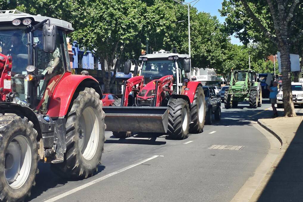 Farmers drove tractors during a rally to oppose water buybacks in Shepparton on Monday. Picture supplied.