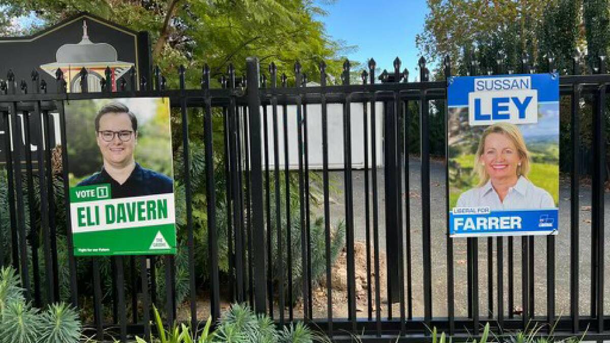 Posters of different political candidates for the 2022 federal election adorn the fence of Adamshurst, the home of Father Peter MacLeod-Miller. Picture supplied.