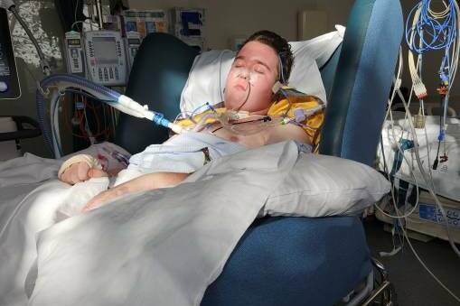 Dylan Meyer on life support in St Vincent's hospital in Melbourne in May. Picture supplied.