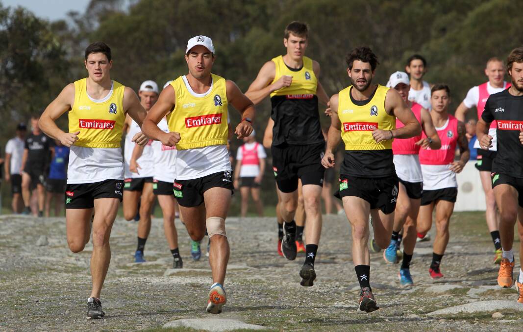 Jack Crisp, left, during a training camp at Falls Creek in 2014. A young Mason Cox, centre, and current North Albury coach Tim Broomhead, right, were also at the camp.