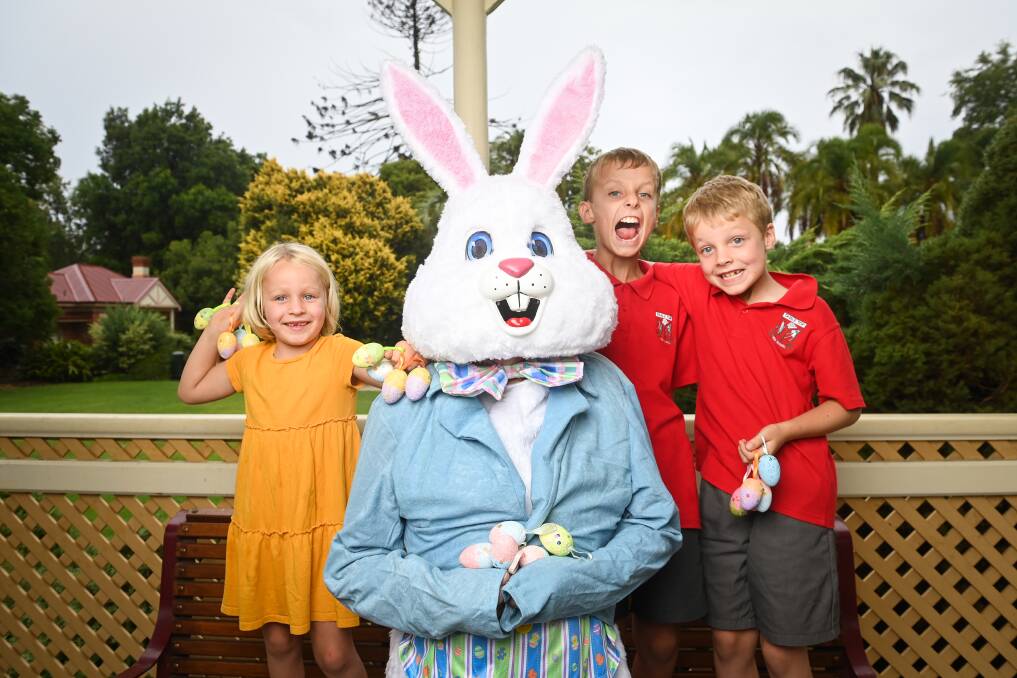 Looking forward to the Easter egg hunt at Albury Botanic Gardens are Zellah Everon, 5, Vince Glenane as Mr Rabbit, PJ Everon, 9, and Max Everon, 8. Picture by Mark Jesser