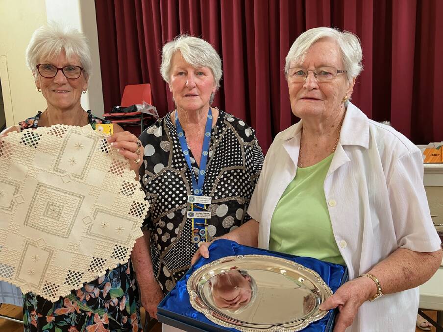 Margaret Lynch, holding the work of the day, with Murray group handicraft officer Margaret McMaster and Lorraine Marcus during the CWA annual handicraft and cookery day. Picture supplied