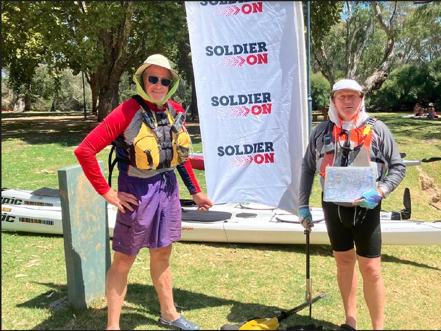 Former army officers and Murray River paddlers Ross Boyd and Ian Errington arrived at Albury's Noreuil Park on Tuesday, February 20. Picture supplied