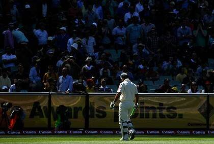 Last Boxing Day innings? ... Australian skipper Ricky Ponting trudges off the MCG after being bowled by Tim Bresnan for just 20.