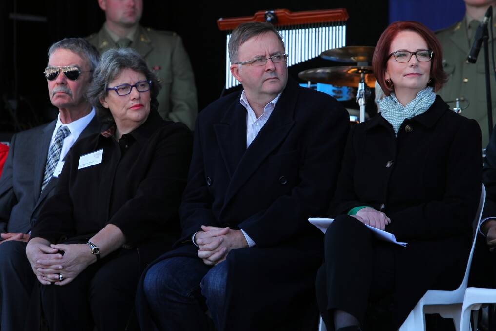 Greater Hume Shire mayor Heather Wilton, Infrastructure and Transport Minister Anthony Albanese and Prime Minister Julia Gillard at the official opening of the Hume Freeway bypass of Holbrook yesterday. 